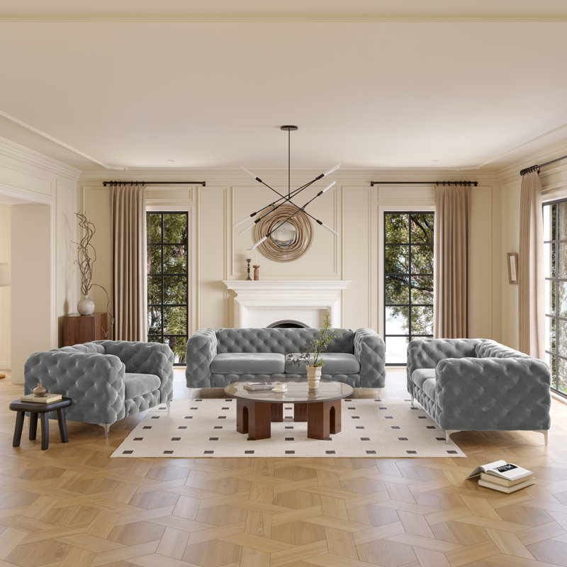 Reigate 3 Piece Tufted Velvet Living Room Set with Chesterfield Chair Loveseat Sofa and Chrome Legs Willa Arlo Interiors Fabric Gray Velvet